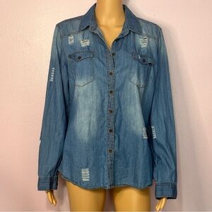 Distressed blue denim blouse